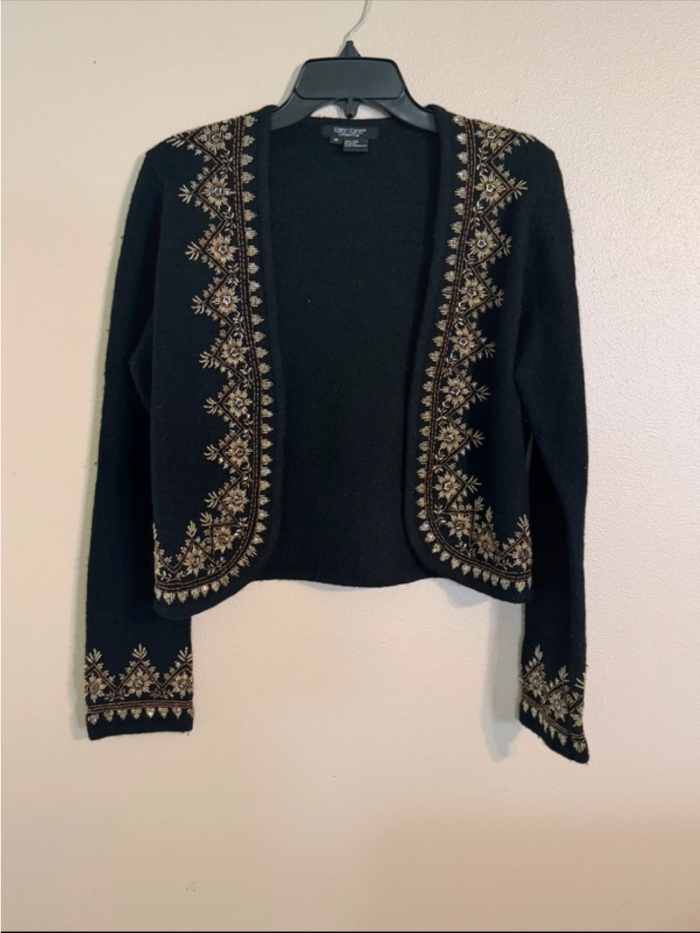 Karen Kane Black Open-Front Cardigan with Gold Embroidered Trim